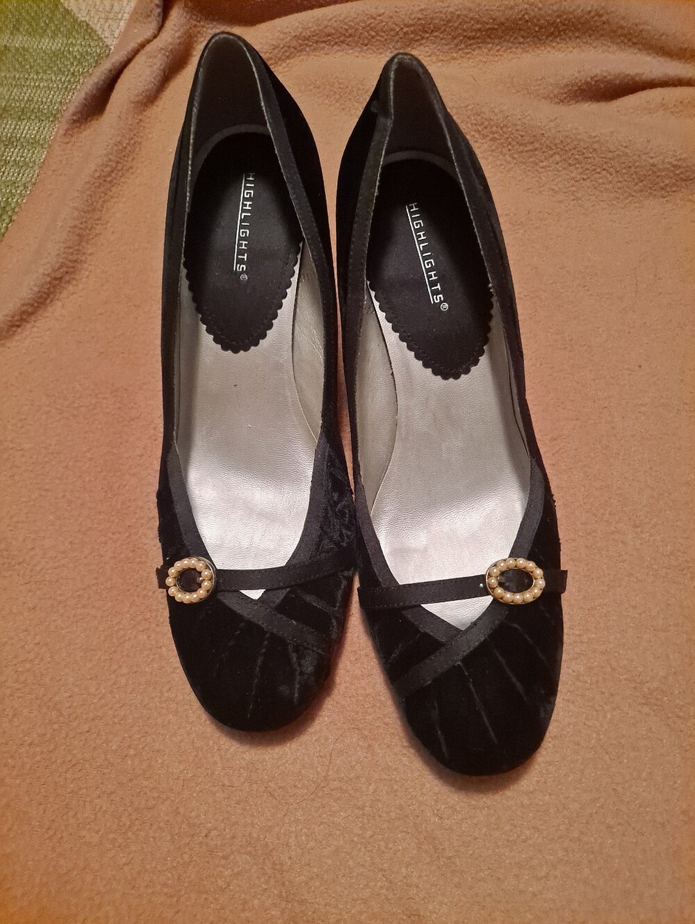 Highlights Vintage Black Velvet Ballet Styled Heels with Pearl Buckle
